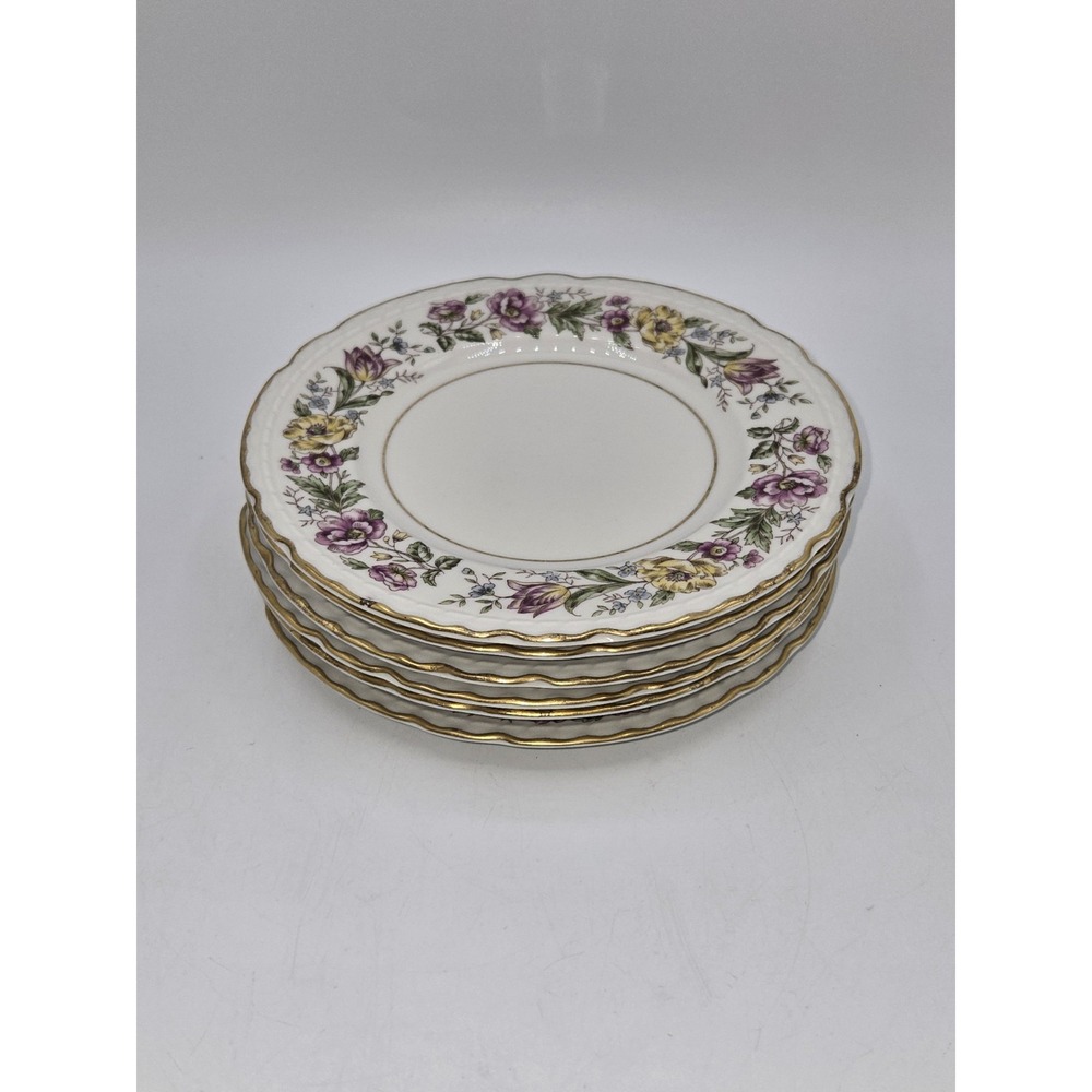 Embassy USA Vitrified China Floral Bread Plates Set of 6 Gold Trim Scalloped
